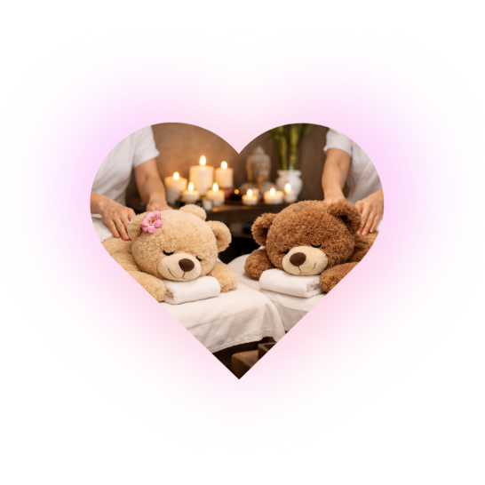 Two teddy bears enjoying a Couples Massage together at The Knotstop