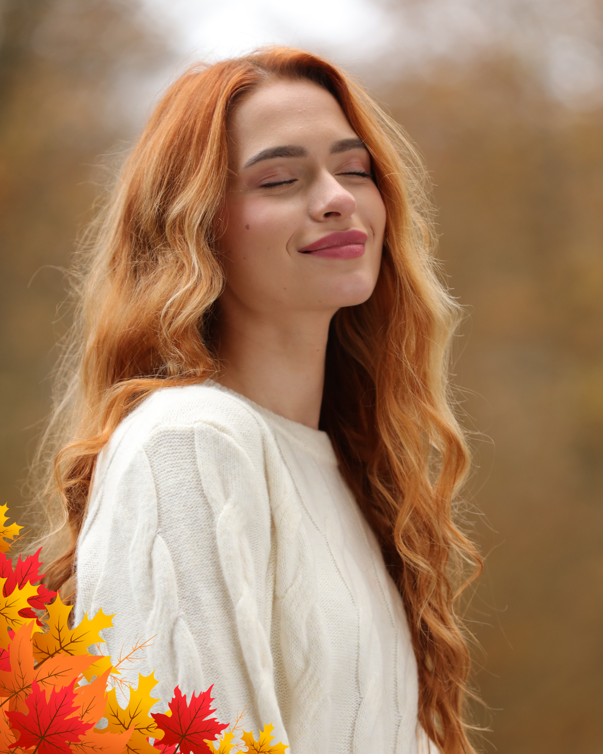 Guest with radiant skin framed by autumn leaves for The Spice of Autumn Facials at The Knotstop in San Diego