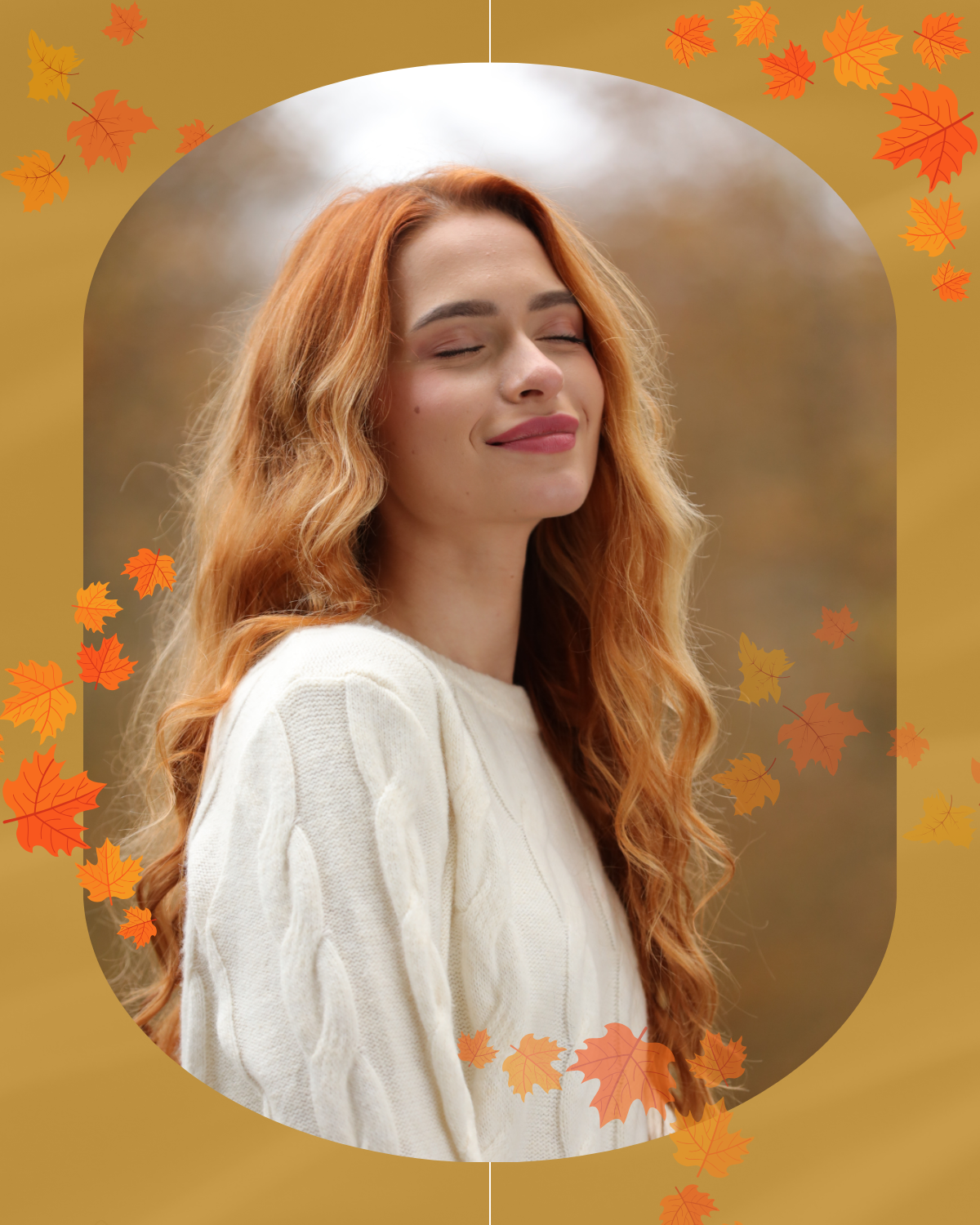 Woman with radiant skin framed by autumn leaves for The Spice of Autumn Facial at The Knotstop in San Diego